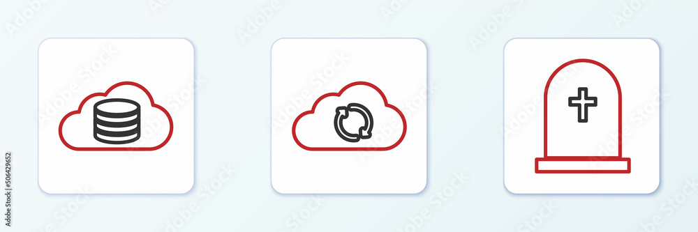 Poster set line tombstone with cross, cloud database and sync refresh icon. vector