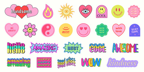 Set of Cool Y2K Smile Stickers Vector Design. Trendy Pop Art Patches. - obrazy, fototapety, plakaty
