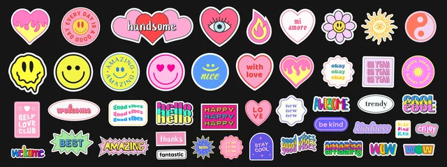 Fotobehang Pop Art Sticker Pack. Collections Of Cute Emoji Smile Badges. Set Of Cool Trendy Patches. © t1m0n344