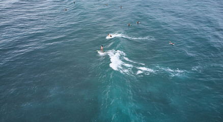 Naklejka premium Aerial view of surfers waiting for the wave. Sri Lanka, Midigama. High quality photo