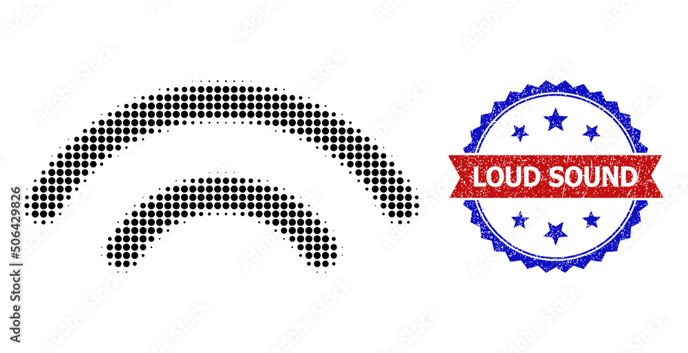 Poster halftone wi-fi waves icon, and bicolor dirty loud sound seal. halftone wi-fi waves icon is generated
