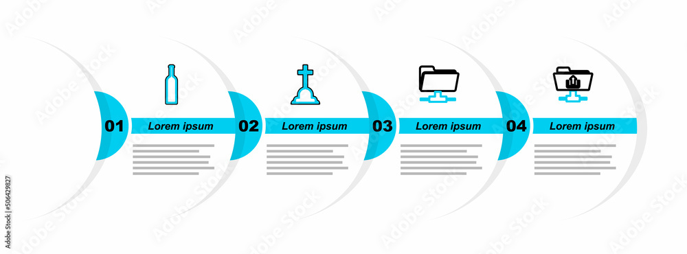 Poster set line ftp folder upload, tombstone with cross and bottle of wine icon. vector