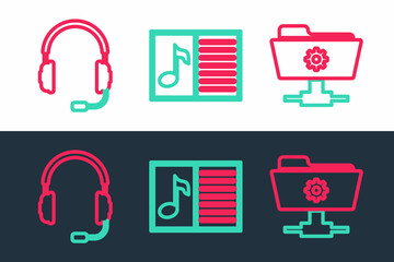 Set line FTP settings folder, Headphones with microphone and Music book note icon. Vector