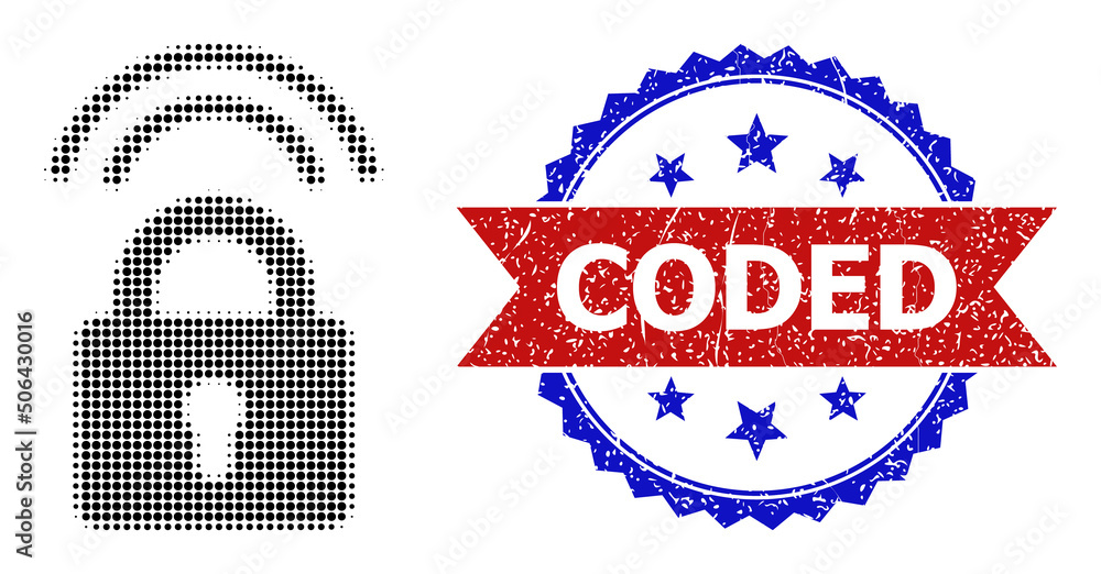 Poster halftone wifi lock icon, and bicolor textured coded seal stamp. halftone wifi lock icon is made with