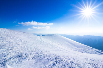 Amazing winter snowy scenery of famous and popular touristic landmark - old desolate observatory on...