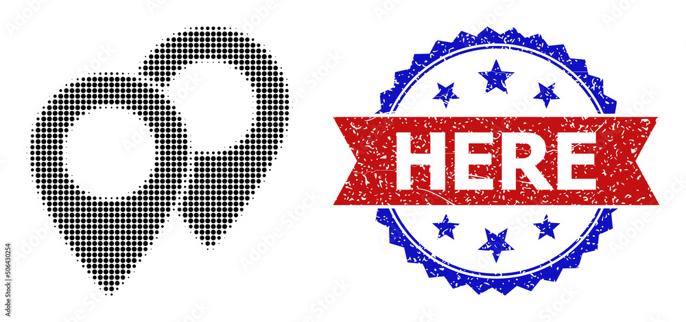 Poster halftone map markers icon, and bicolor rubber here watermark. halftone map markers icon is construct