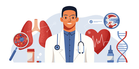 Consultation with a doctor. Full body health check up vector concept digital illustration. Medical diagnosis of human cardiovascular diseases, blood pressure, heart anatomy, lungs. Banner, poster