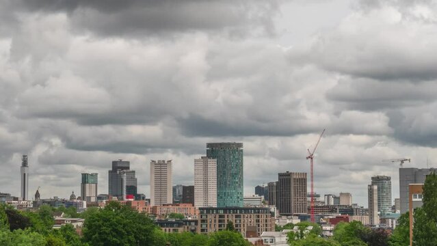 Birmingham city centre skyline time lapse 2022.
Time lapse shot of construction cranes high rise offices, flats and hotels forming part of Birmingham's cityscape in 2019 seen from Edgbaston.