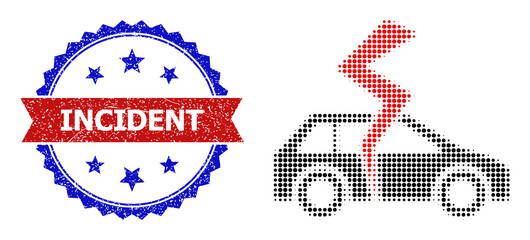 Halftone car destroy icon, and bicolor scratched Incident seal. Halftone car destroy icon is designed with small round elements. Vector seal with scratched bicolored style,