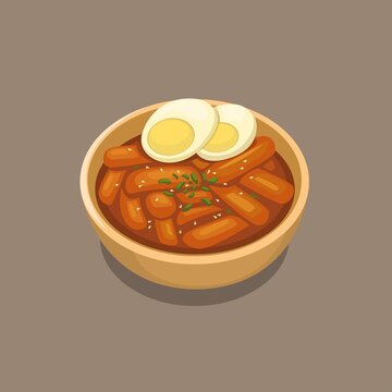 Tteokbokki or simmered rice cake is korean popular street food in bowl with egg topping cartoon illustration vector