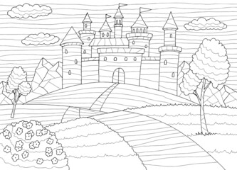 Castle coloring road graphic black white landscape sketch illustration vector