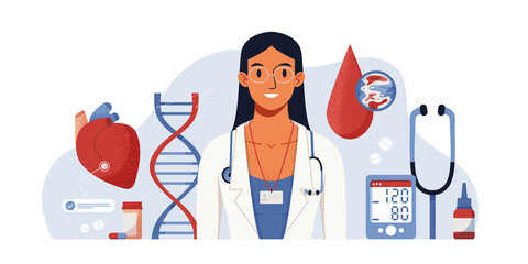 Consultation with a doctor. Full body health appointment vector concept digital illustration. Health check up. Medical diagnosis of human cardiovascular diseases, blood pressure, heart anatomy.