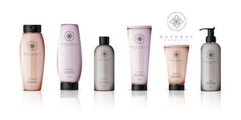 Realistic cosmetic bottles with gradient design on white background. Cosmetic cream containers and tubes for cream, lotion, shampoo, gel, balsam, conditioner, and spray. 3d Vector Illustration