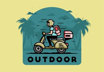Man goes on vacation riding scooter illustration
