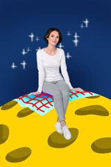 Creative retro artwork of woman future technology vacation on moon rest enjoy picnic isolated realistic color background