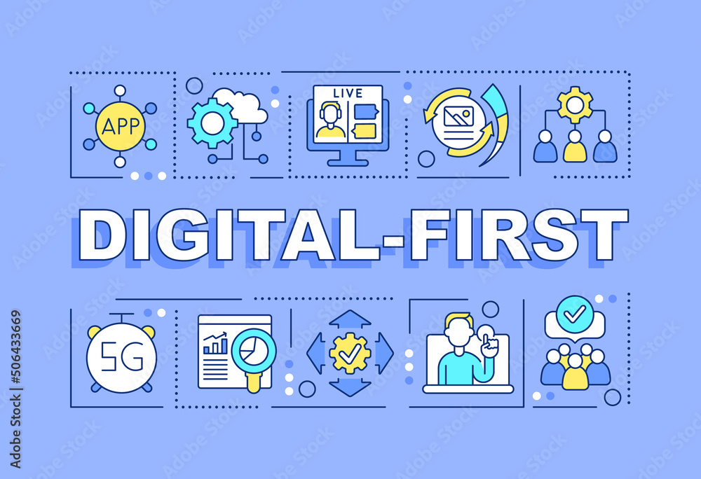 Poster digital first word concepts blue banner. business and marketing. infographics with icons on color ba