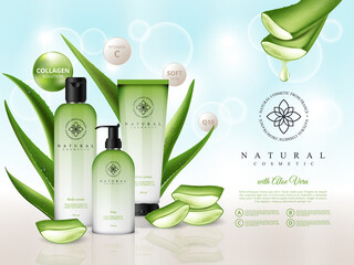 Cosmetic illustration for the promotion of cosmetic products with aloe vera medicinal plant with fresh drops of water on light bokeh background.  Containers and tubes for cream and soup in vector