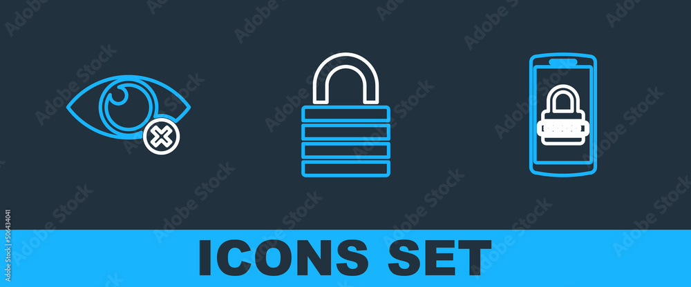 Poster set line mobile and password, invisible hide and lock icon. vector