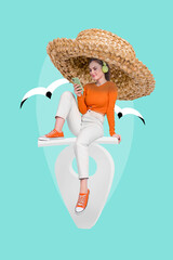 Creative retro pop artwork poster of millennial lady sit white tag search net device tour sale...