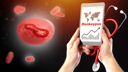 Monkeypox virus strain. Graph growth monkeypox infections in phone. Doctor hands with stethoscope...