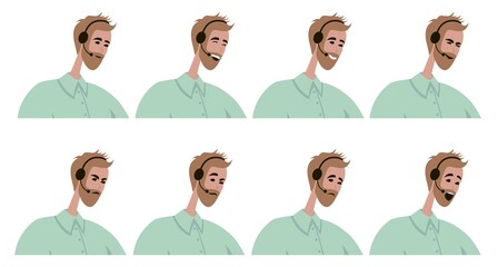 Different emotions of a call center operator. Flat vector illustration. Calmness, joy, laughter, cunning, anger, bewilderment, sadness, surprise - 506435403