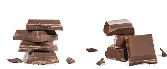 Close up of chocolate pieces stack and chocolate syrup on white background