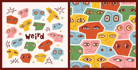 Vector Set of Seamless Pattern and Poster with Abstract Geometric Various Strange Evil, Funny, Comic and Bizarre Faces. Woman, Man, Skull, Alien Face. Group of People. Colorful Modern Art.