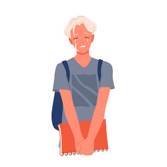 Lonely male student crying vector illustration. Cartoon sad boy teenager standing with backpack, notebook, depressed unhappy guy thinking about troubles isolated on white. Depression, stress concept