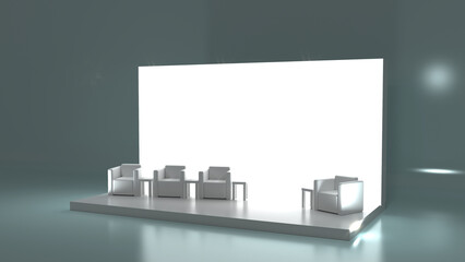 Conference Stage Designs. Meeting event scene, party scene design. Empty stage design for mockup and corporate identity, display. Platform elements in hall. 	