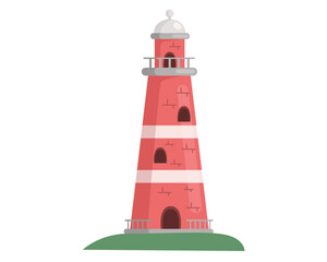 Red lighthouse on ocean or sea cartoon shore or island construction isolated tower with lantern. Construction with big floodlight to light the way water transport, gives signals to ships in dark