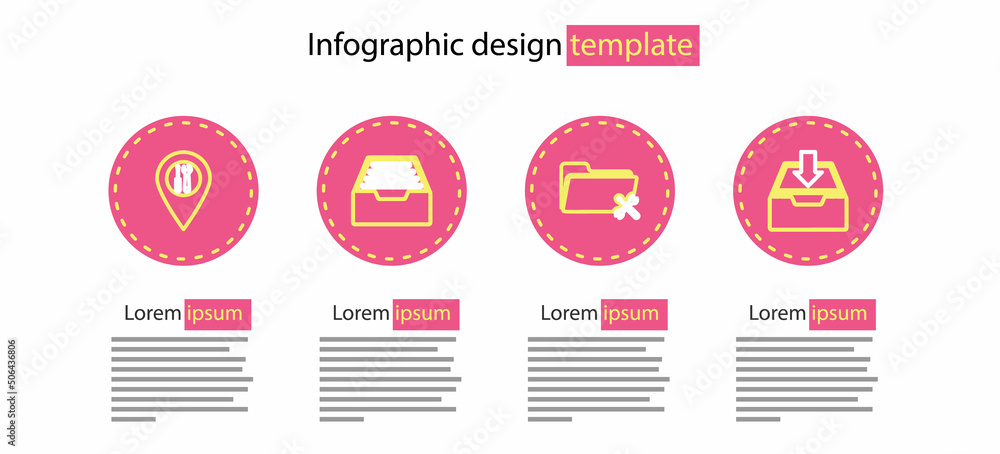 Poster set line folder service, download inbox, drawer with documents and location icon. vector