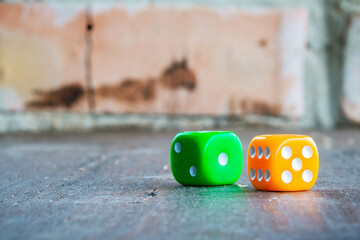 Two dice for the game. Colored cubes. Children's dice for games