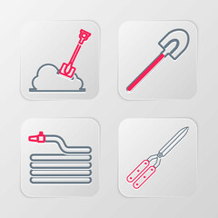 Set line Gardening handmade scissor, hose fire hose, shovel and Shovel the ground icon. Vector