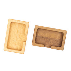 Handmade wooden box for business cards isolated above white background
