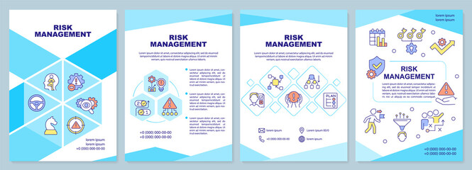 Fototapeta na wymiar Risk management blue brochure template. Corporate safety. Leaflet design with linear icons. 4 vector layouts for presentation, annual reports. Arial-Black, Myriad Pro-Regular fonts used