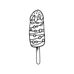 Outline ice cream icon of frozen cream dessert, waffle cone, caramel Eskimo or chocolate icing with nuts, whipped cream and popsicles, fresh vanilla scoops. Hand-drawn cartoon style sweet dessert.