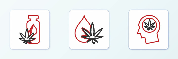 Set line Head in profile with marijuana, Marijuana or cannabis leaf oil and icon. Vector
