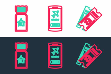 Set line Bus ticket, Airline and Mobile with icon. Vector