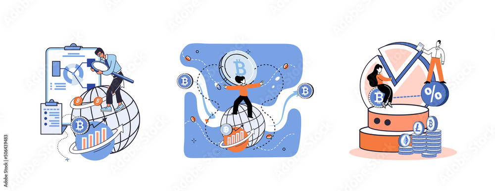 Poster cryptocurrency bitcoin mining metaphor blockchain exchange platform. cyber banking procedures, bitco