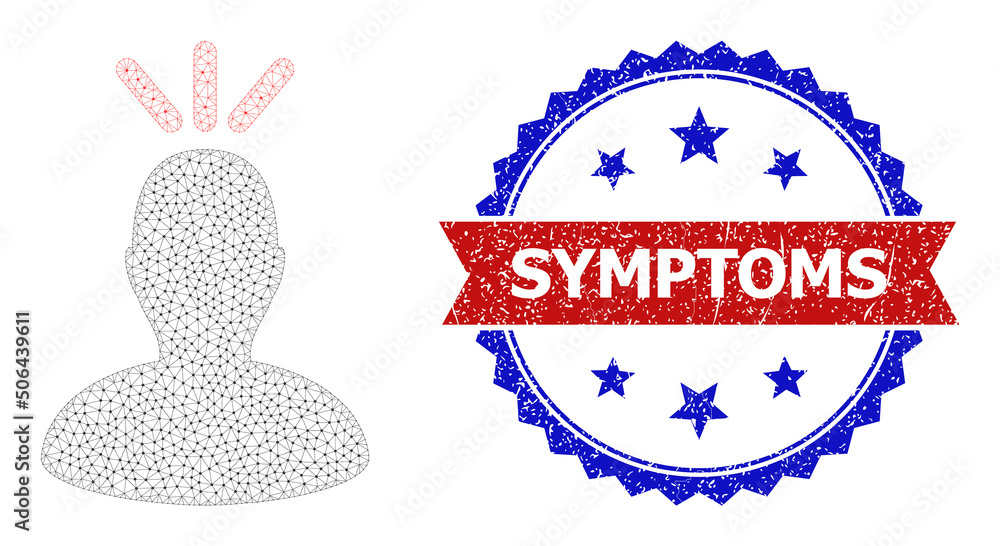 Poster triangular headache wireframe icon, and bicolor scratched symptoms seal. mesh wireframe image design