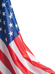 Close-up of the American flag is on the left side on a white background