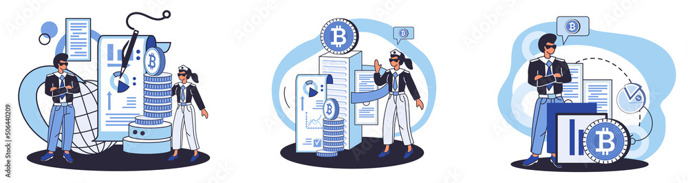 Poster cryptocurrency bitcoin mining metaphor blockchain exchange platform. cyber banking procedures, bitco