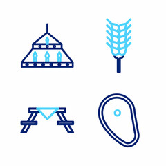Set line Steak meat, Picnic table with benches, Wheat and Massive steel chandelier icon. Vector