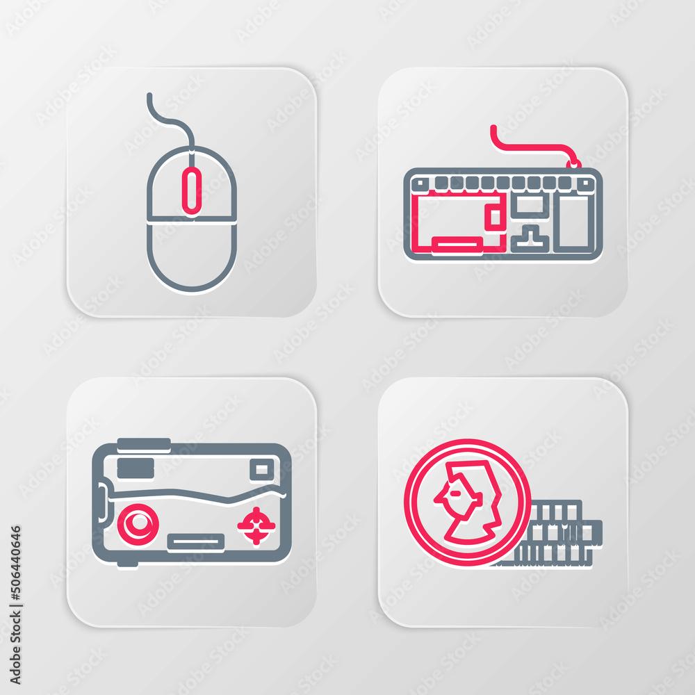 Poster set line coin for game, mobile and playing, computer keyboard and mouse icon. vector