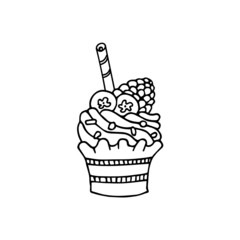 Outline ice cream icon of frozen cream dessert, waffle cone, caramel Eskimo or chocolate icing with nuts, whipped cream and popsicles, fresh vanilla scoops. Hand-drawn cartoon style sweet dessert.