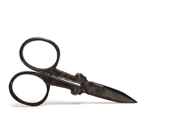 old retro used nail scissors white background