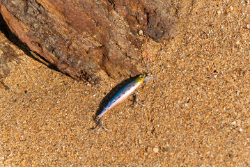 Metal bait for fishing on the ground.