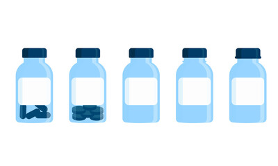 Set of medical bottles with label and pills. Flat illustration
