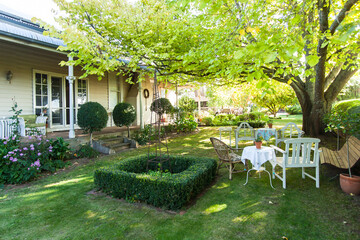 Table and chairs under a big tree in the backyard
