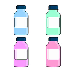 Set of medical colored bottles with labels.